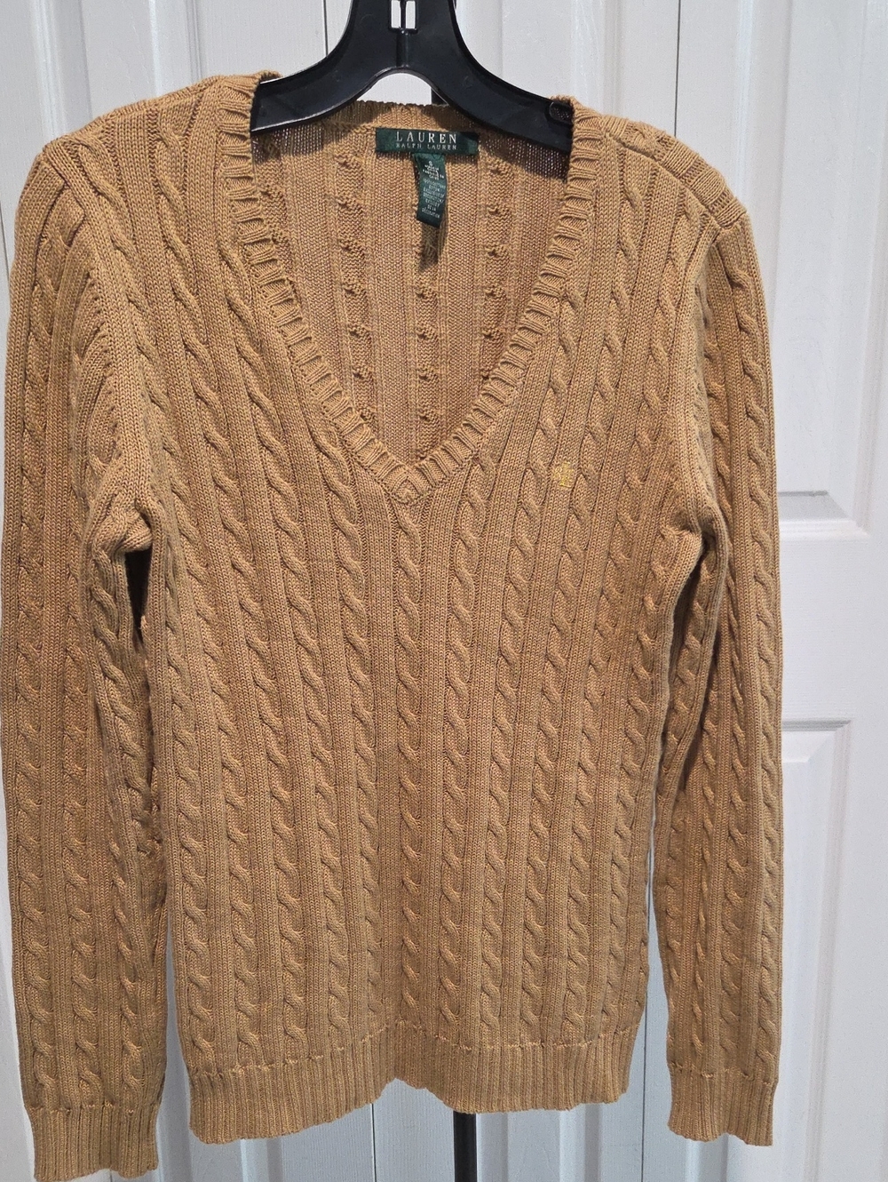 Sz S - Lauren Ralph Lauren Cotton Cable-Knit V-Neck Sweater - Camel/Tan